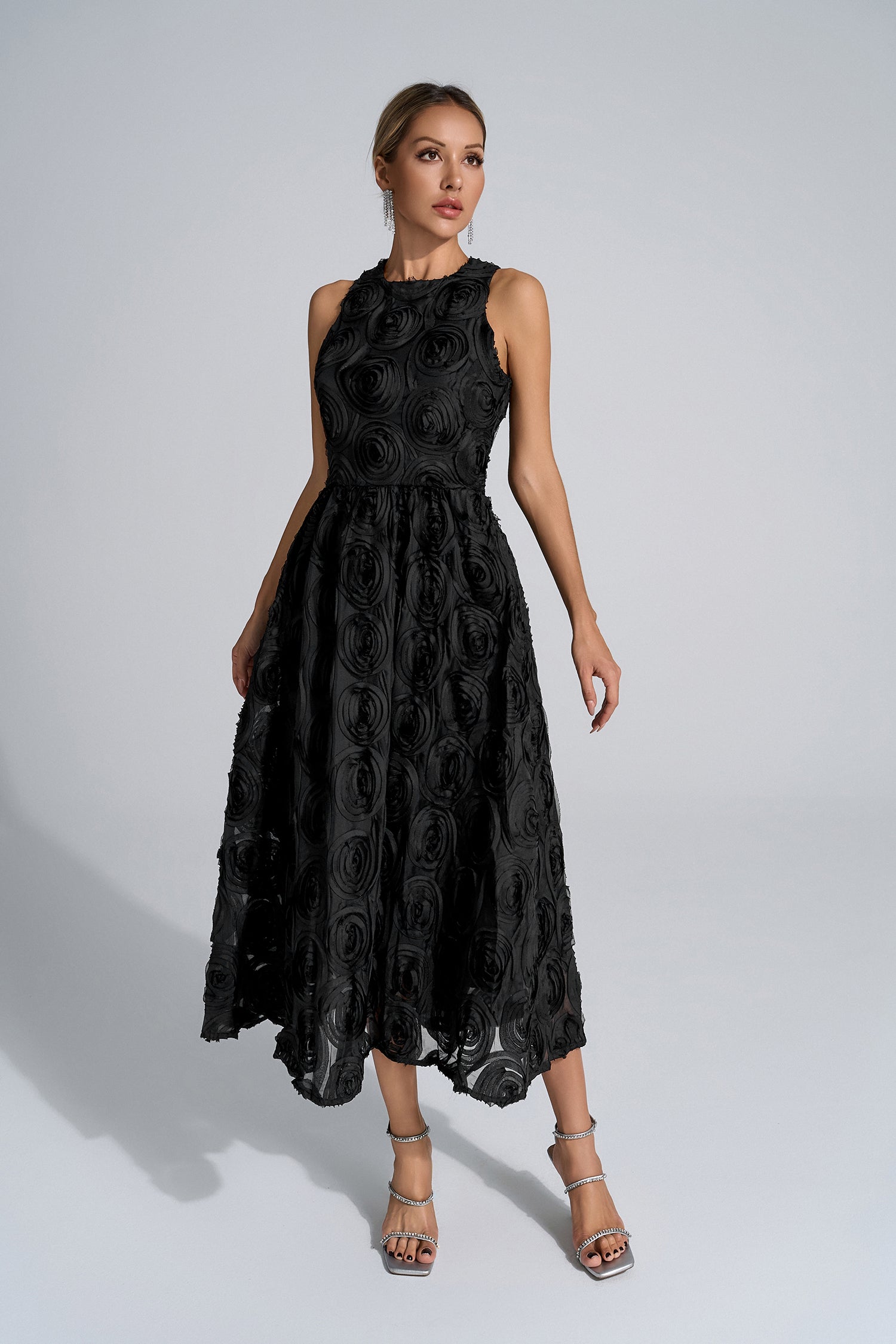 Rosemary Siyah 3D Çiçekli Maxi Elbise