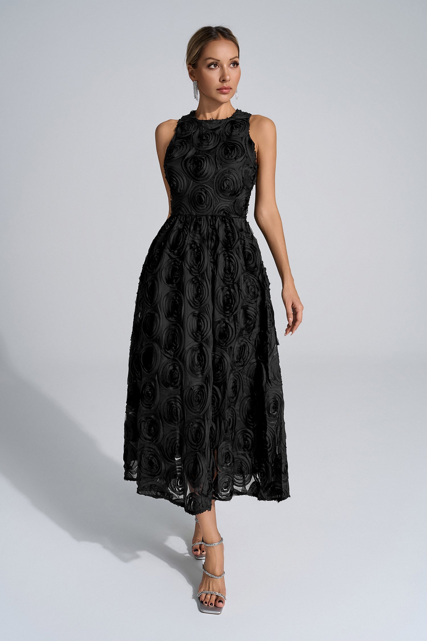 Rosemary Siyah 3D Çiçekli Maxi Elbise