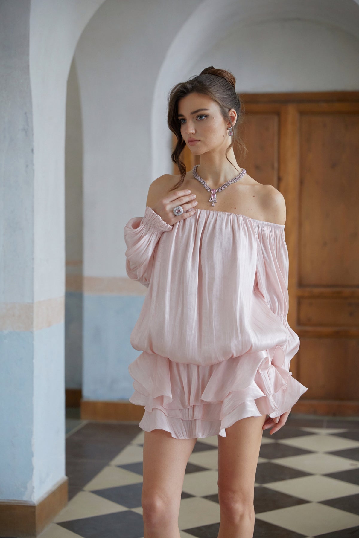 Zofia Parlak Pileli Kat Kat Mini Elbise Pembe
