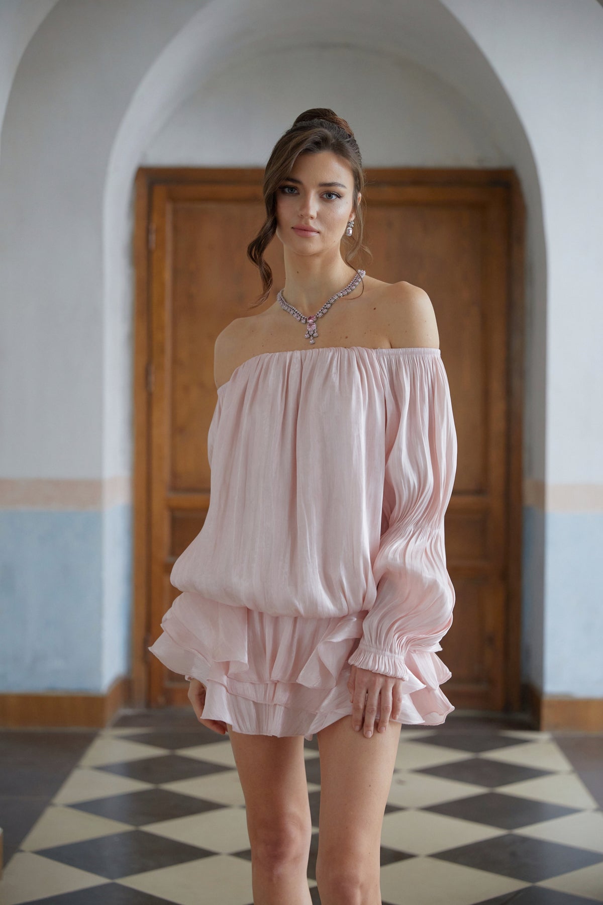 Zofia Parlak Pileli Kat Kat Mini Elbise Pembe