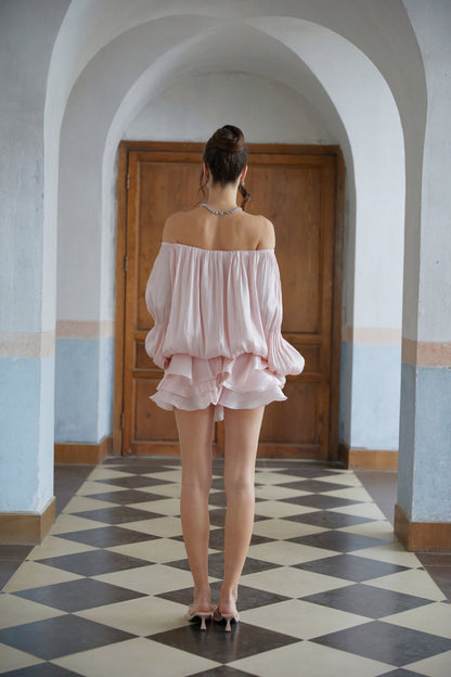 Zofia Parlak Pileli Kat Kat Mini Elbise Pembe
