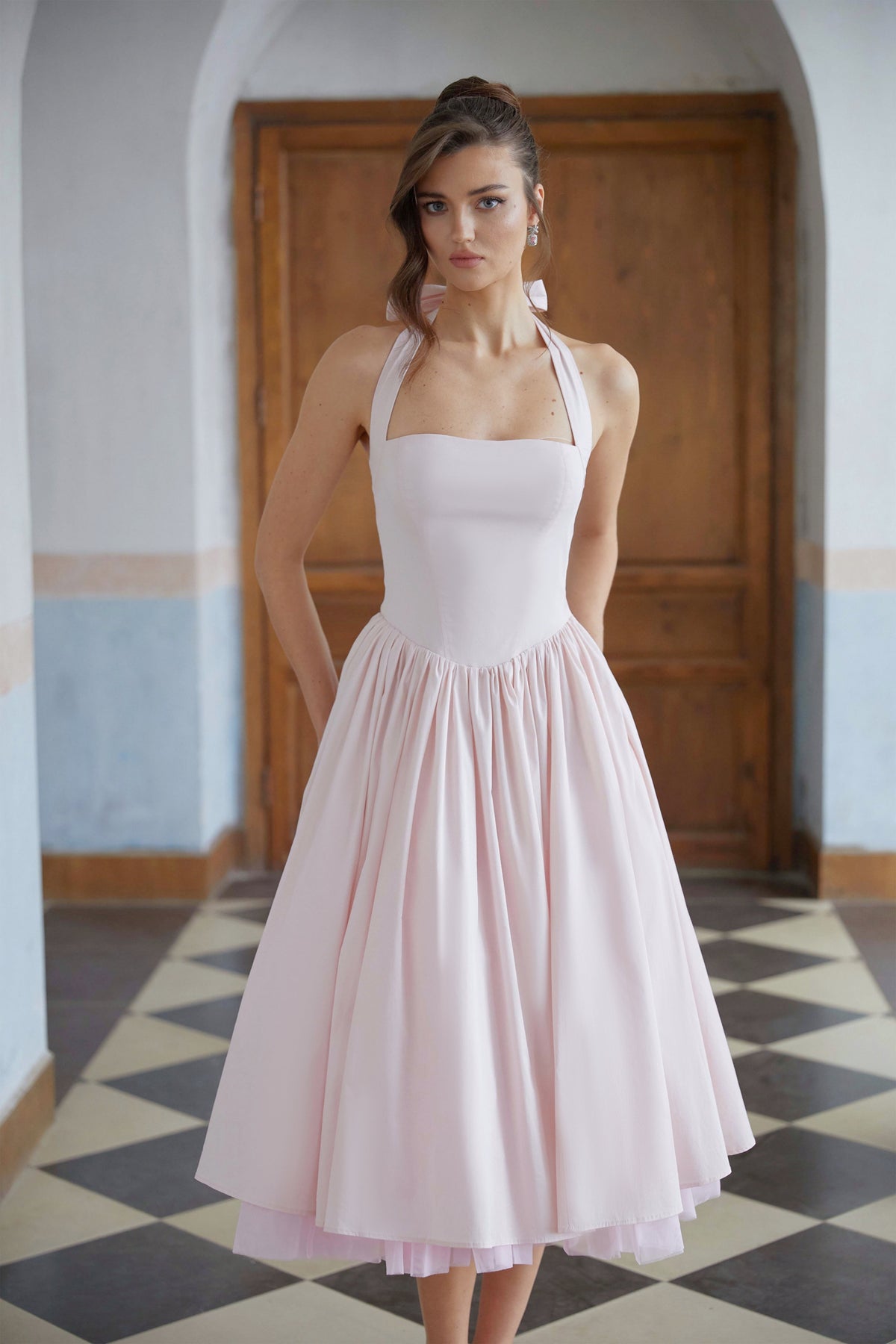 Eponine Katmanlı Geniş Etek Uçlu Midi Elbise Pembe