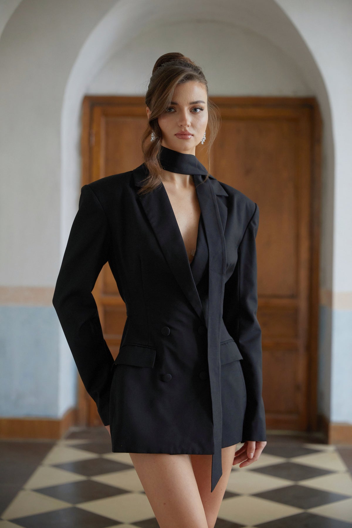 Osanne Kruvaze Düğmeli Blazer Mini Elbise Siyah