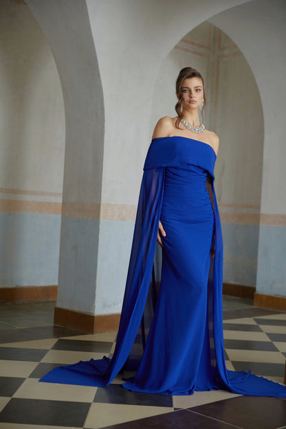 Jovie Pelerin Detaylı Drape Maxi Elbise Mavi