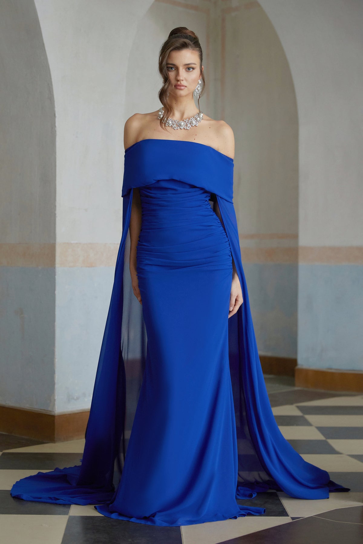 Jovie Pelerin Detaylı Drape Maxi Elbise Mavi