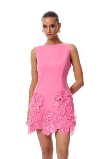 Fleurine Çiçek Aplikeli Mini Elbise Pembe