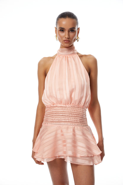 Ginevra Halter Yaka Pileli Şifon Mini Elbise Pembe
