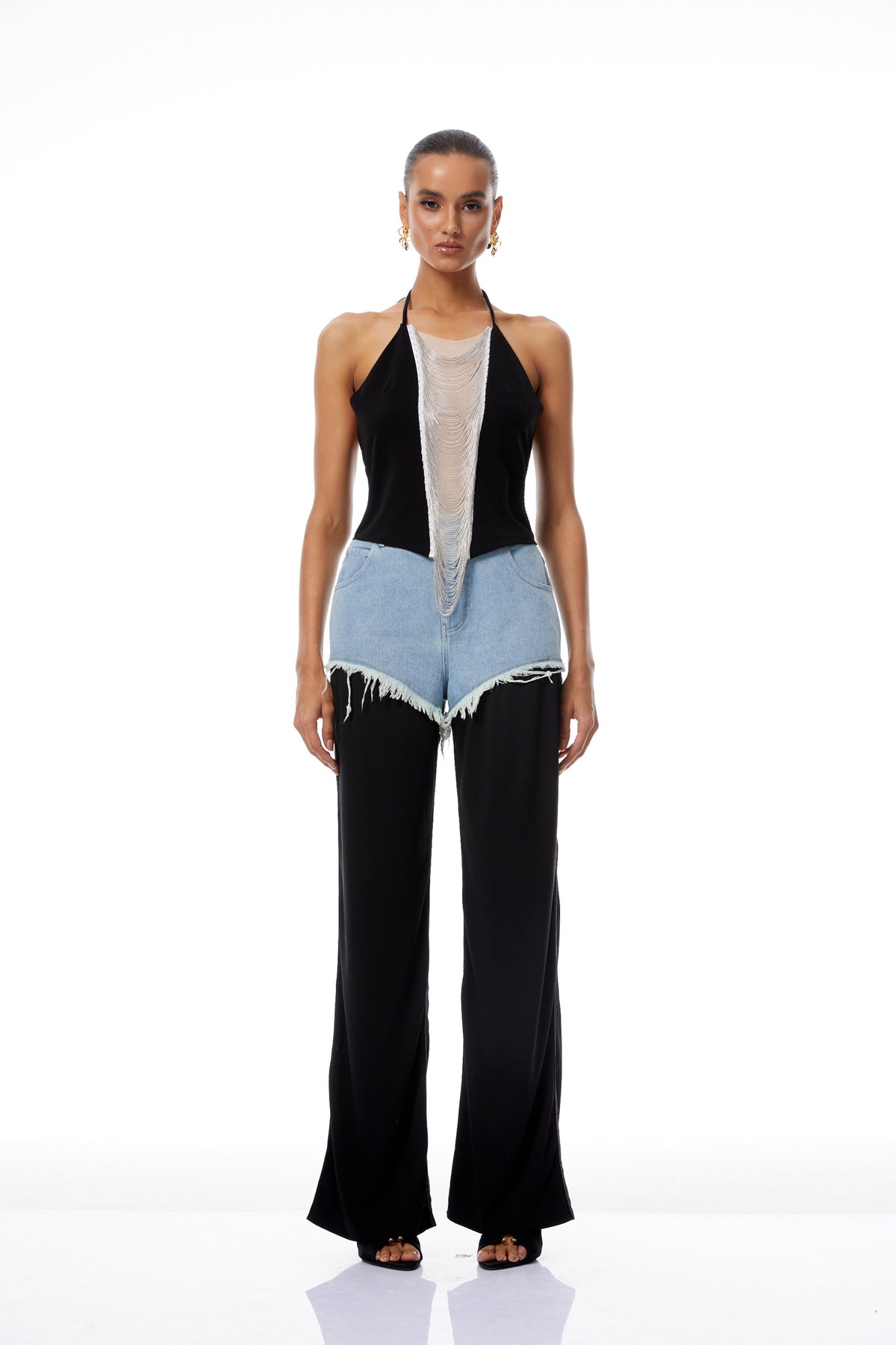 Freja Püskül ve Denim Panel Detaylı Pantolon Siyah