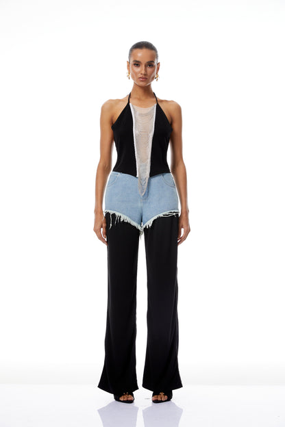 Freja Püskül ve Denim Panel Detaylı Pantolon Siyah