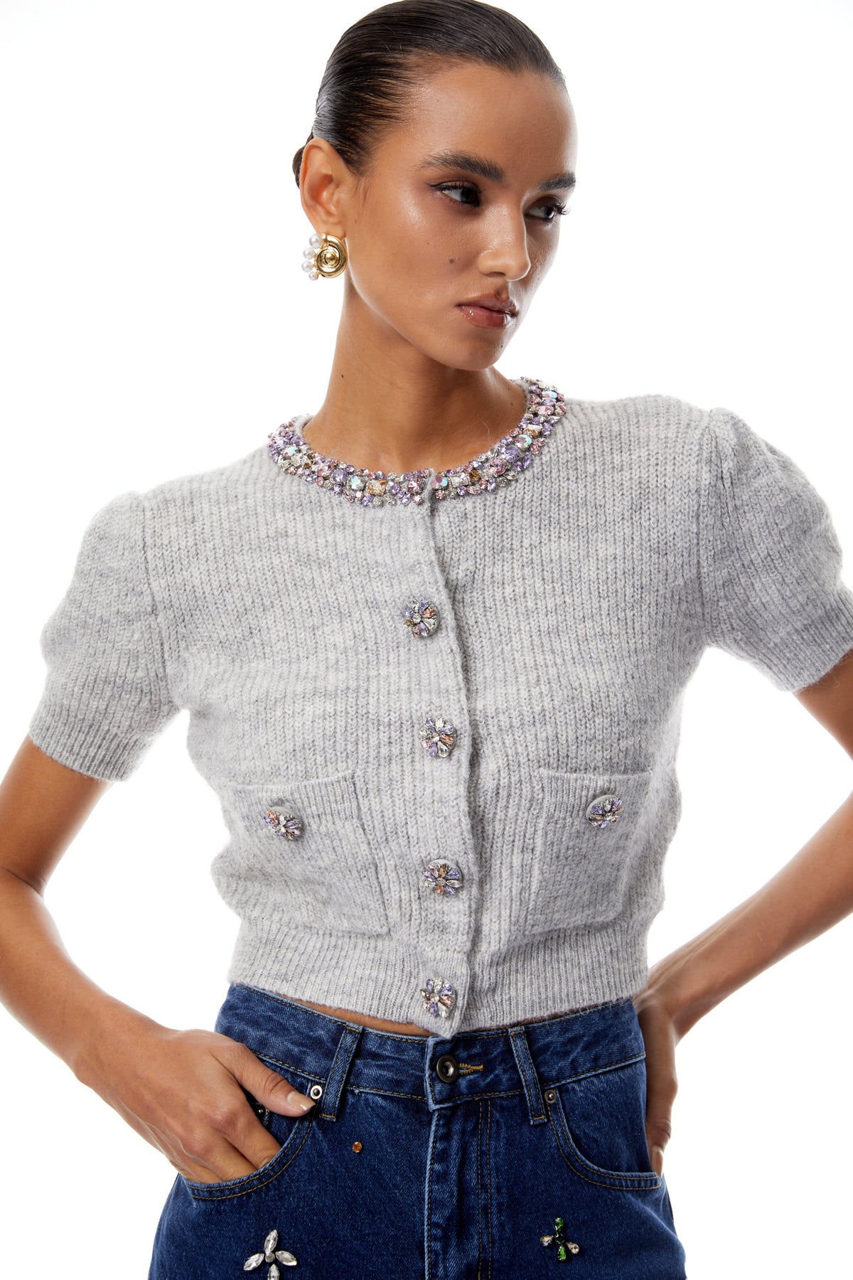 Camille Taş İşlemeli Crop Üst Gri