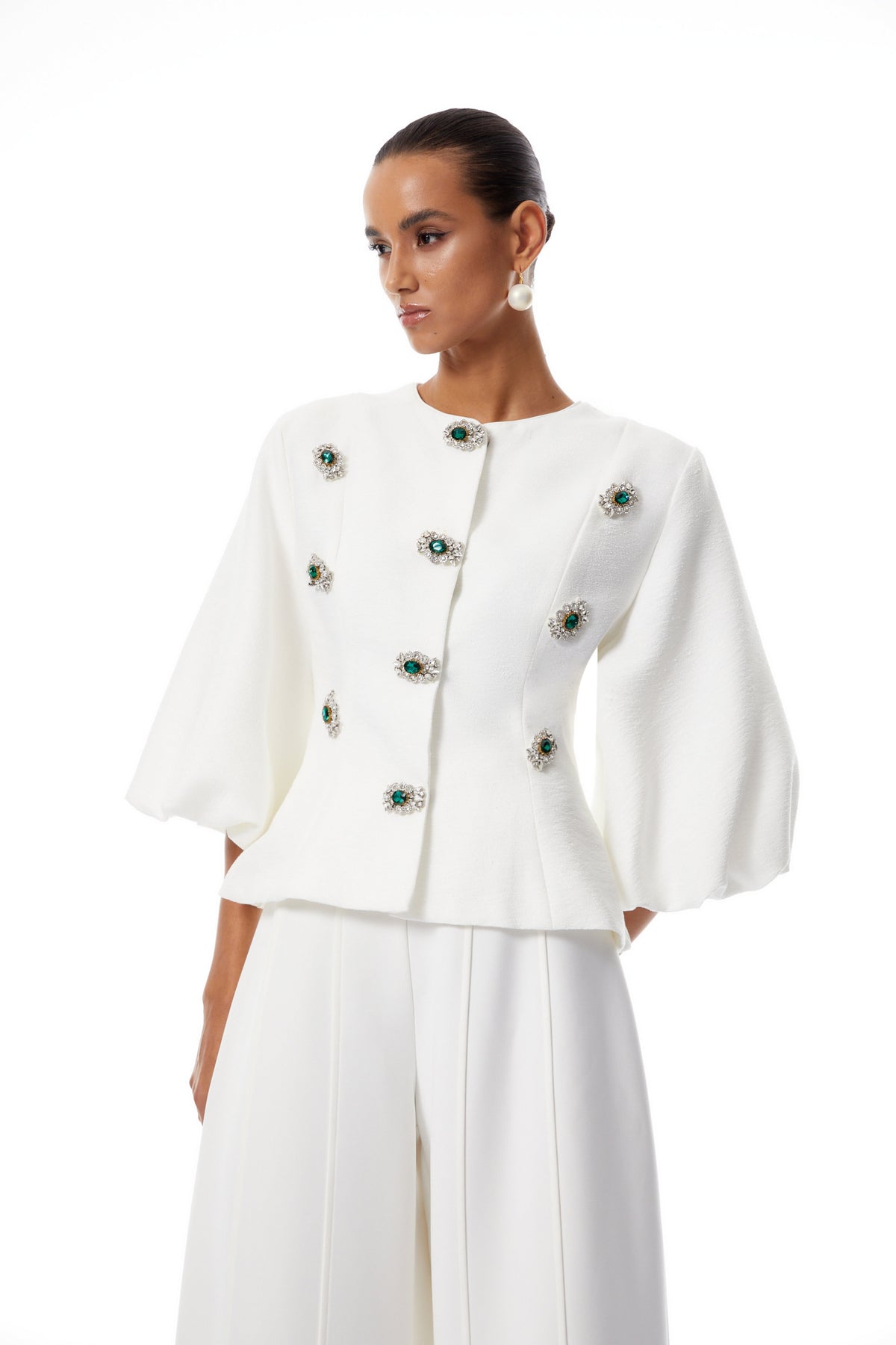 Bérénice Kristal Taş İşlemeli Peplum Ceket Beyaz