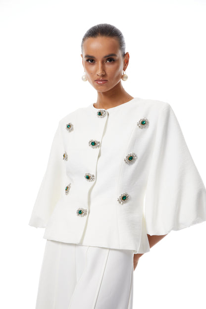 Bérénice Kristal Taş İşlemeli Peplum Ceket Beyaz