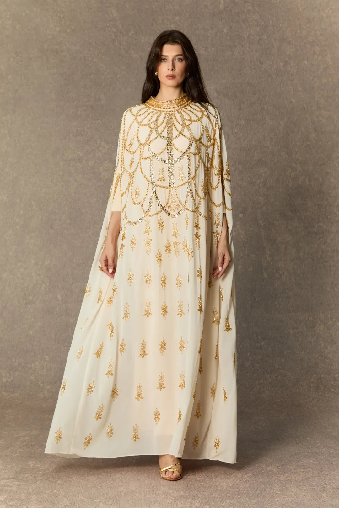 Mükemmel Lüks Bej Payetli İşlemeli Maxi Kaftan