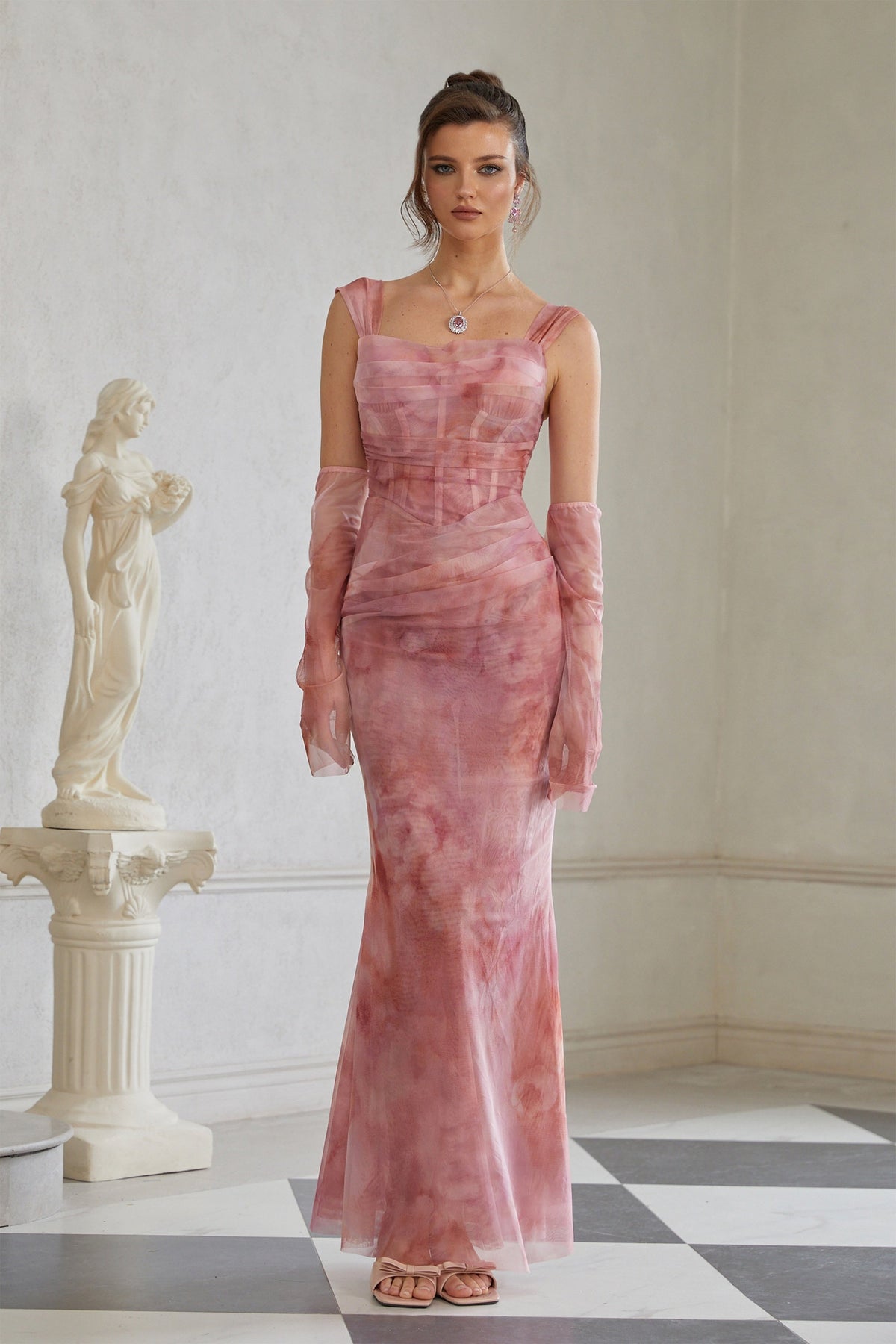 Amélie Ombre Büzgülü Tül Maksi Elbise Pembe