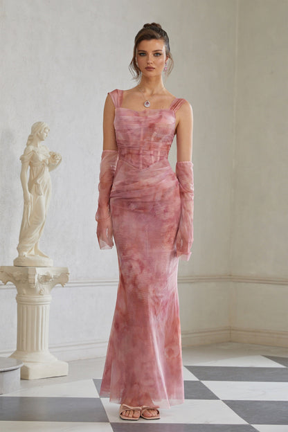 Amélie Ombre Büzgülü Tül Maksi Elbise Pembe