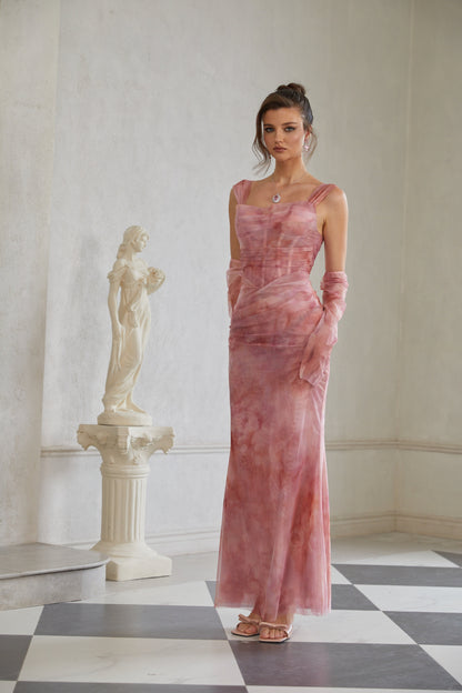 Amélie Ombre Büzgülü Tül Maksi Elbise Pembe