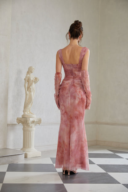 Amélie Ombre Büzgülü Tül Maksi Elbise Pembe