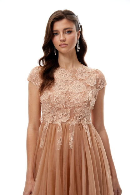 Fern Dantel Detaylı Tül Midi Elbise Kahverengi