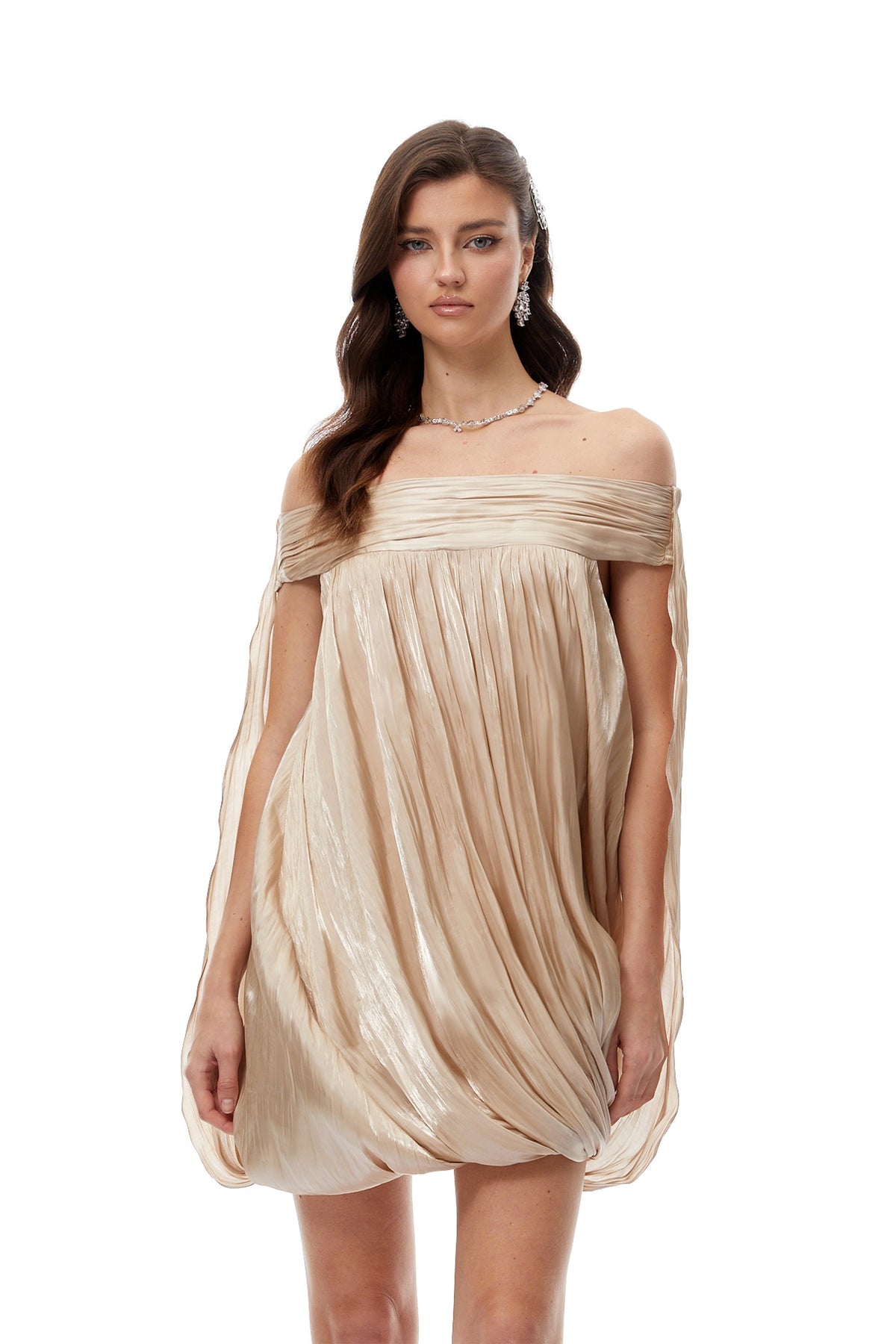 Anastasia Düşük Omuz Drape Detaylı Parlak Mini Elbise Nötr