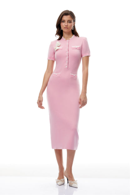 Lisette 3D Çiçek Detaylı Triko Midi Elbise Pembe