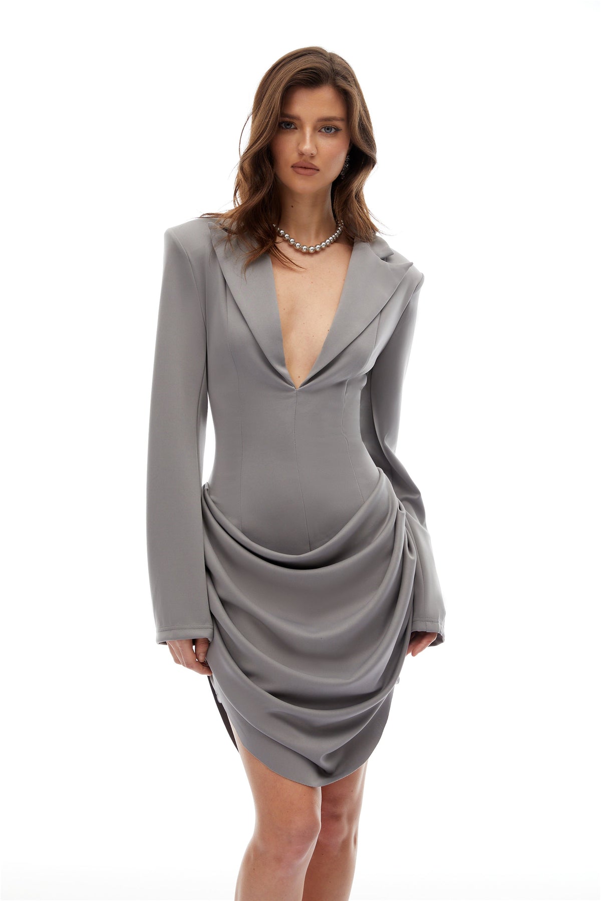 Ishtar V Yaka Drapeli Mini Blazer Elbise Gri