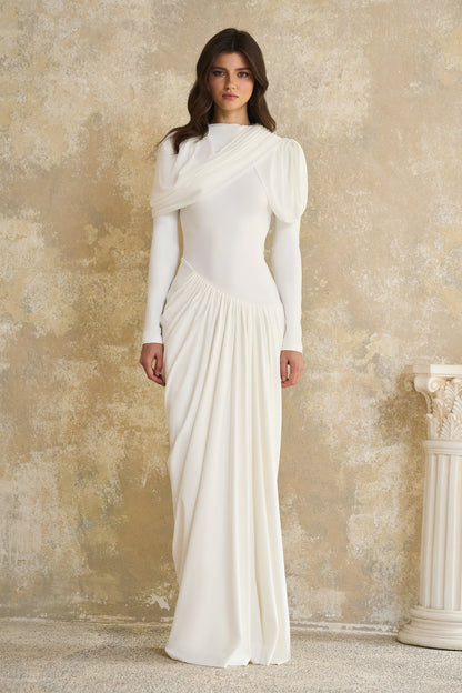 Bronwyn Drape ve Pile Detaylı Asimetrik Maksi Elbise Beyaz