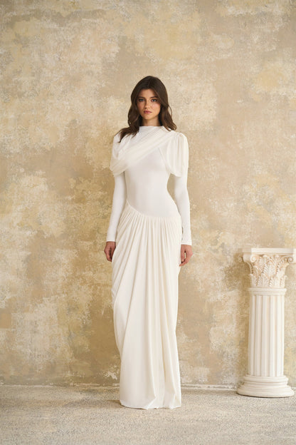 Bronwyn Drape ve Pile Detaylı Asimetrik Maksi Elbise Beyaz