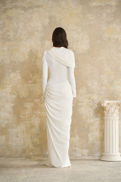Bronwyn Drape ve Pile Detaylı Asimetrik Maksi Elbise Beyaz
