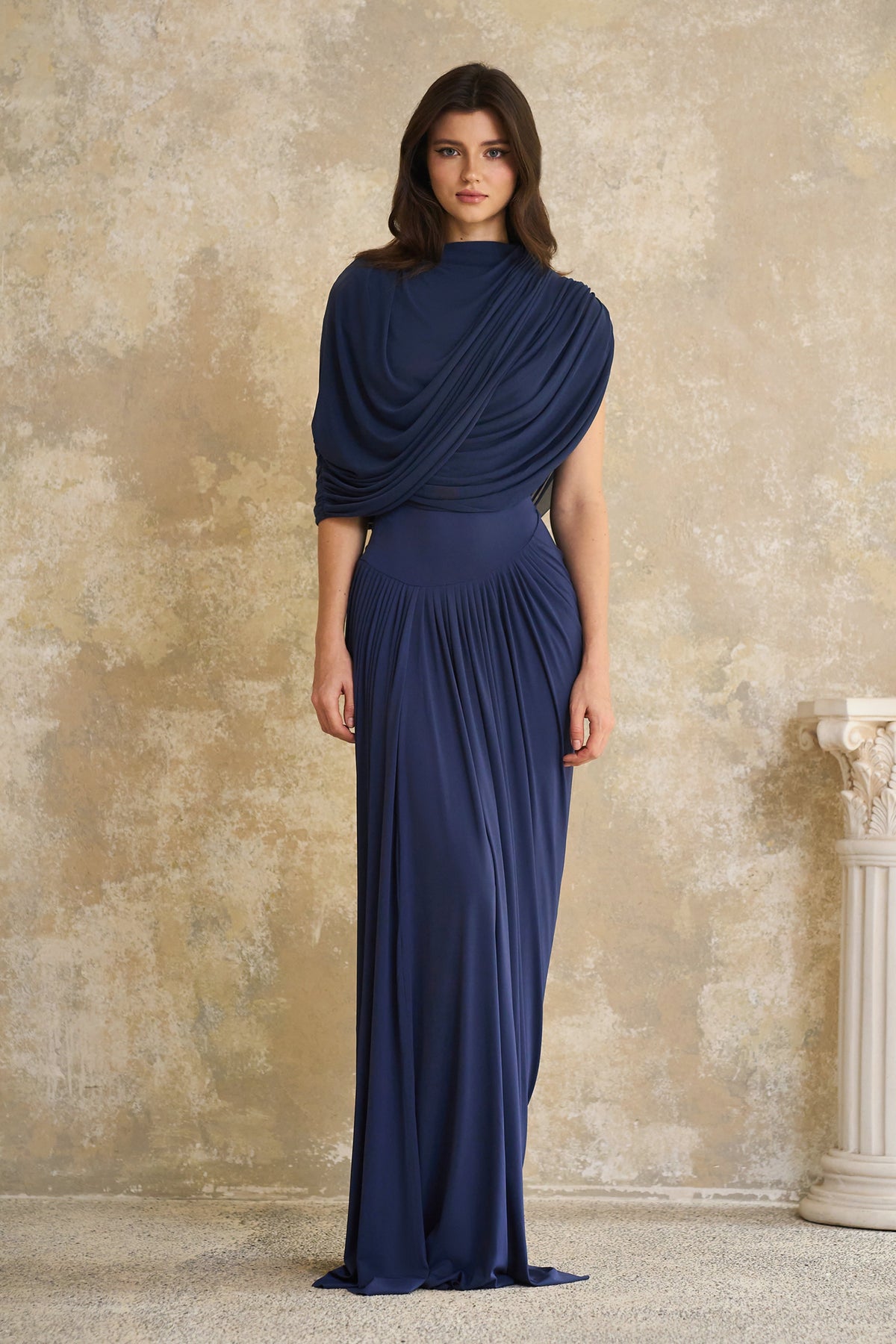 Lyra Pile ve Drape Detaylı Maksi Elbise Lacivert