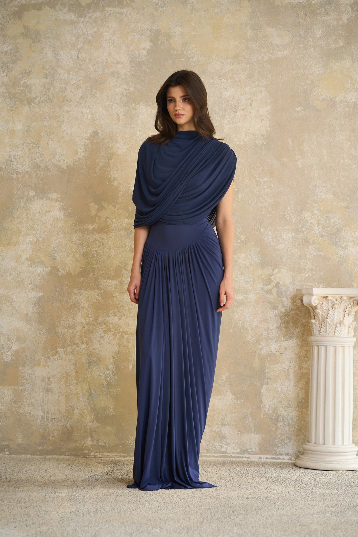 Lyra Pile ve Drape Detaylı Maksi Elbise Lacivert