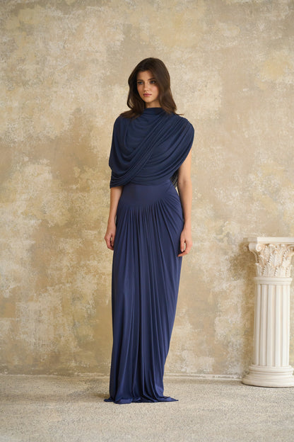 Lyra Pile ve Drape Detaylı Maksi Elbise Lacivert
