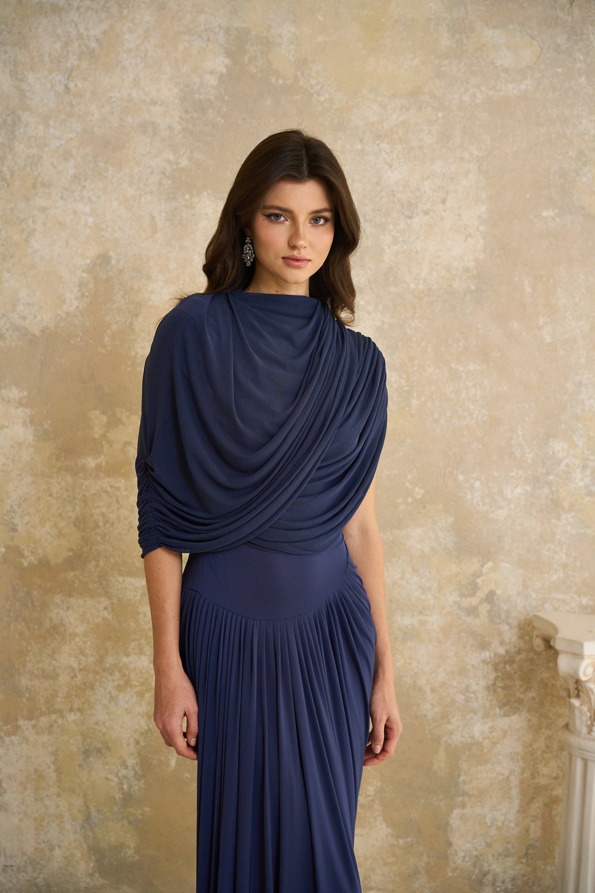 Lyra Pile ve Drape Detaylı Maksi Elbise Lacivert