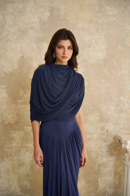 Lyra Pile ve Drape Detaylı Maksi Elbise Lacivert