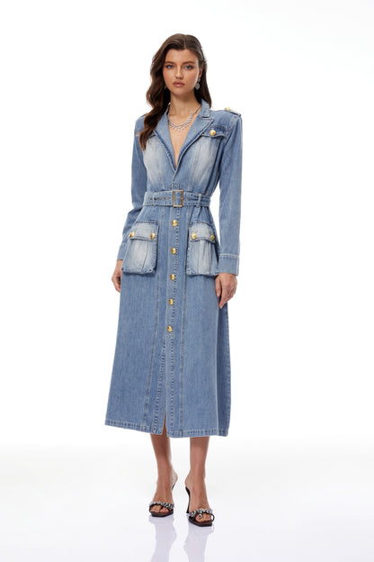 Tyra Yıkama Efektli Denim Maksi Elbise Mavi