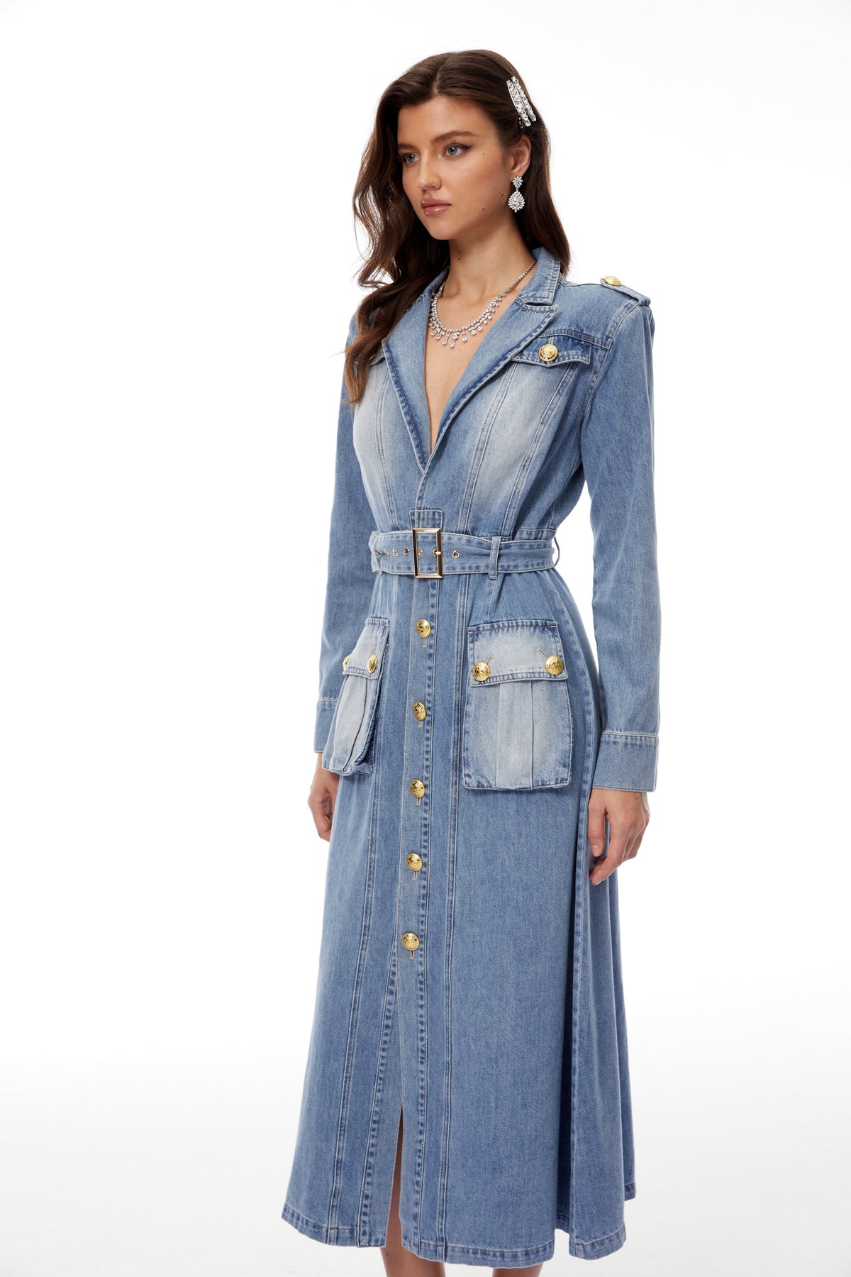 Tyra Yıkama Efektli Denim Maksi Elbise Mavi