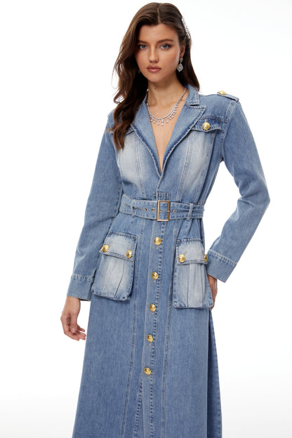 Tyra Yıkama Efektli Denim Maksi Elbise Mavi
