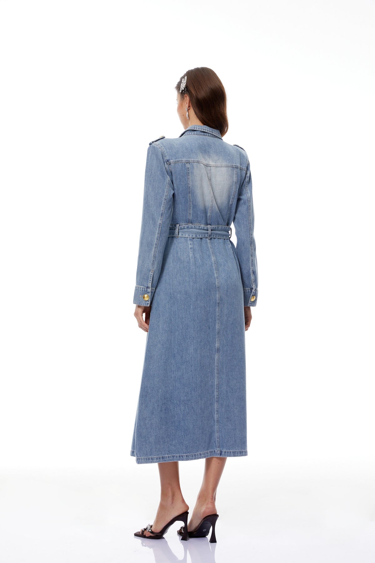 Tyra Yıkama Efektli Denim Maksi Elbise Mavi