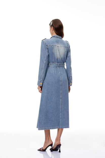 Tyra Yıkama Efektli Denim Maksi Elbise Mavi