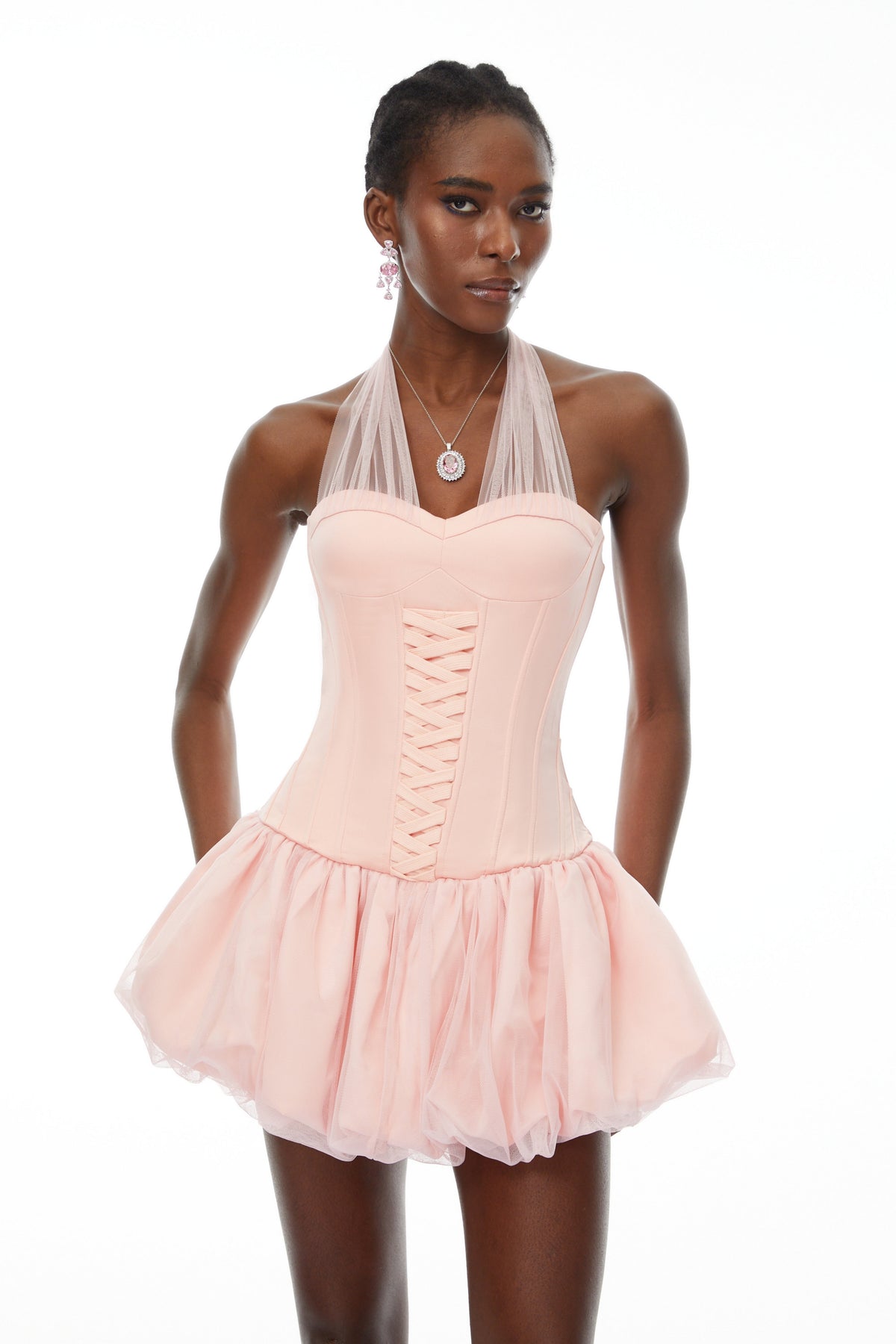 Constance Organze Panelli Boyundan Bağlamalı Saten Mini Elbise Pembe
