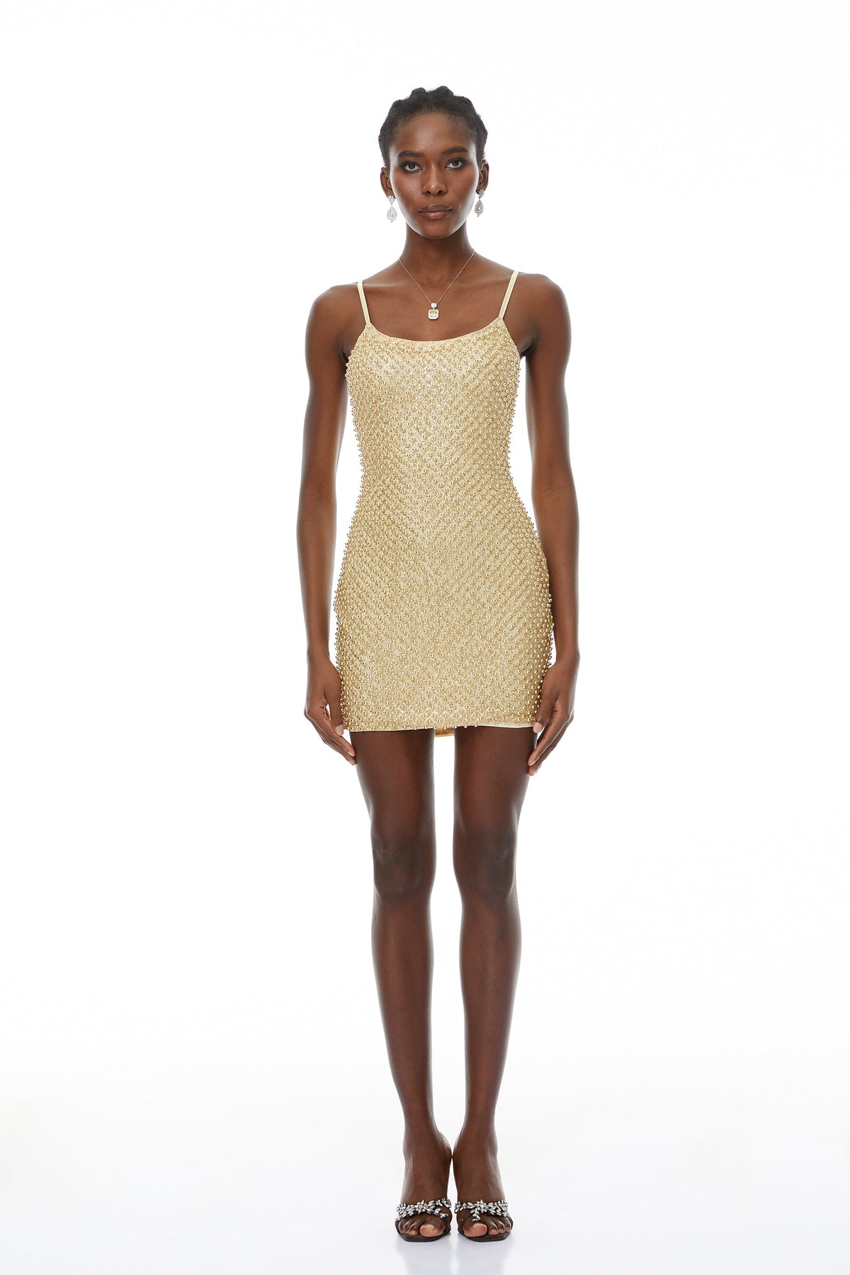 Gaia Boncuk Işlemeli Bodycon Mini Elbise Altın