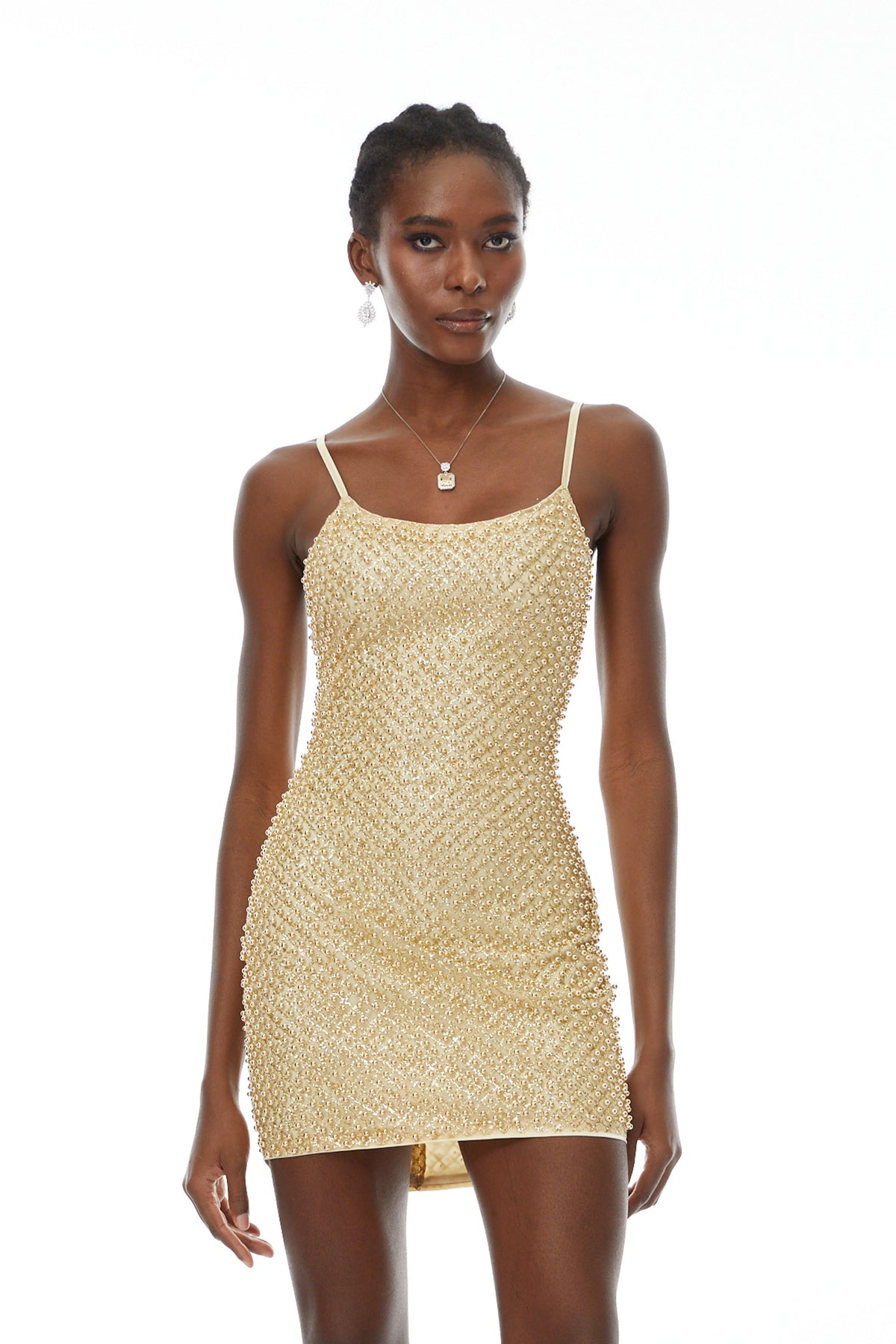 Gaia Boncuk Işlemeli Bodycon Mini Elbise Altın