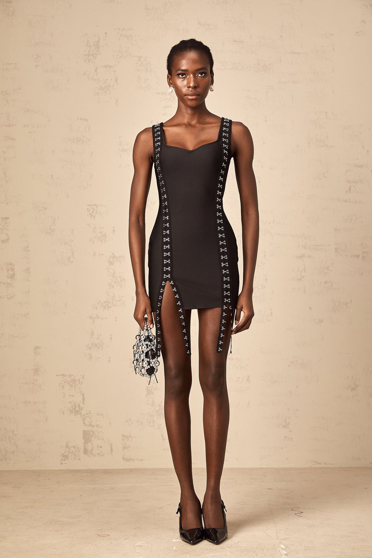 Irina Agraf Detaylı Bandaj Mini Elbise Siyah