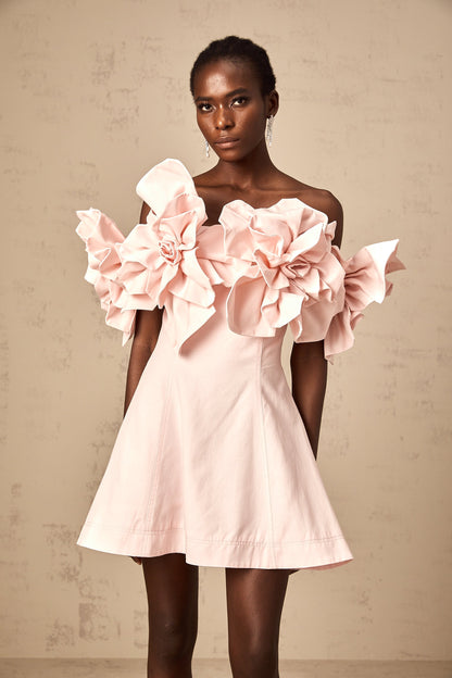 Juliette 3D Taç Yaprak Detaylı Mini Elbise Pembe