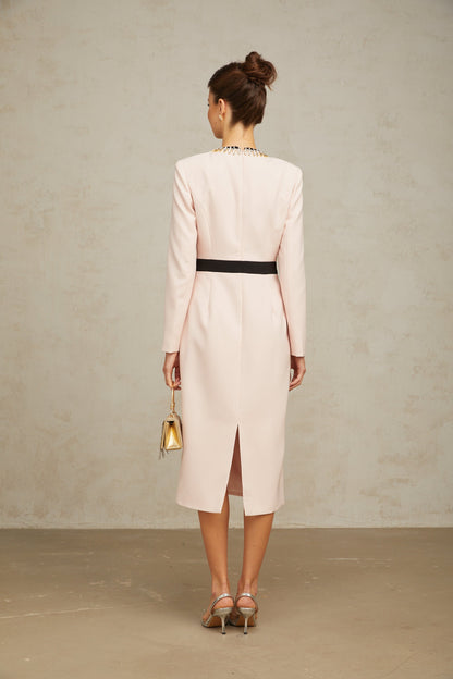 Anaïs Kristal Detaylı Renk Bloklu Midi Elbise Pembe