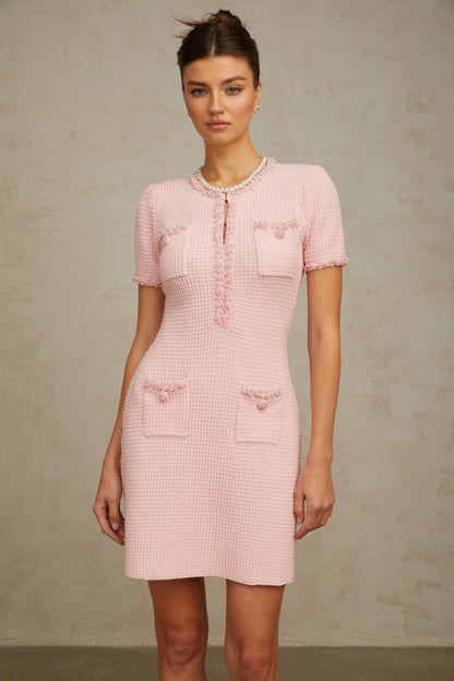 Eugénie Boncuk İşlemeli Triko Mini Elbise Pembe