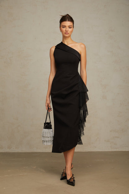 Bernadette Tek Omuz Dantel Detaylı Midi Elbise Siyah