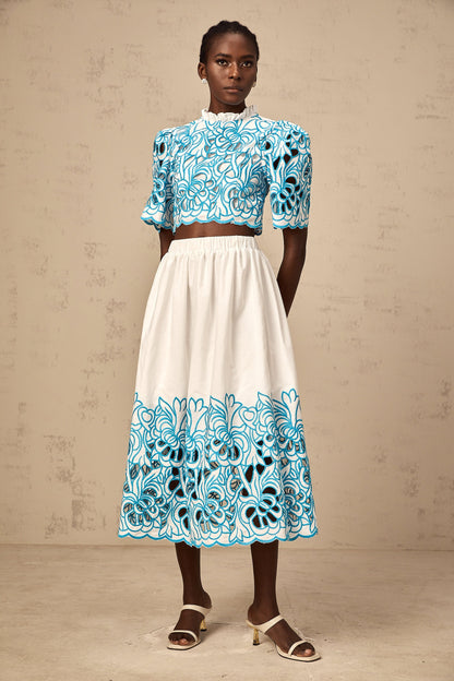 Aurore Nakış Detaylı Büstiyer ve Etek Takım Mavi