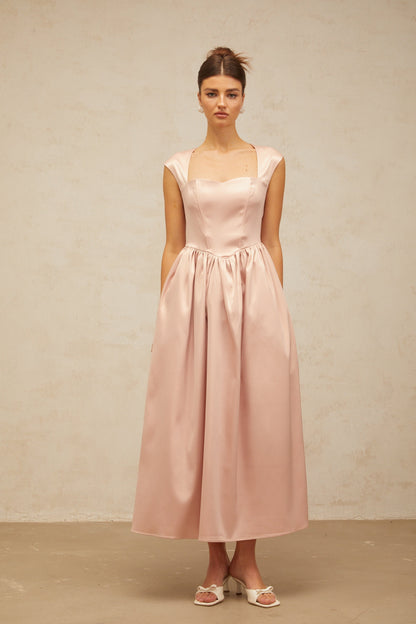 Madeleine A Kesim Saten Midi Elbise Pembe