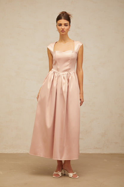 Madeleine A Kesim Saten Midi Elbise Pembe