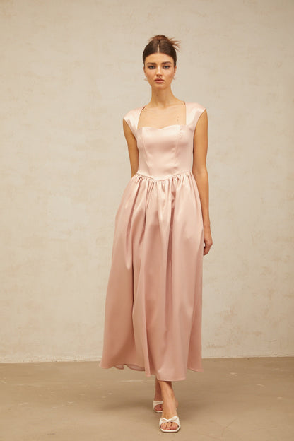 Madeleine A Kesim Saten Midi Elbise Pembe